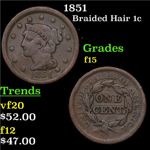 1851 Braided Hair Large Cent 1c Grades f+