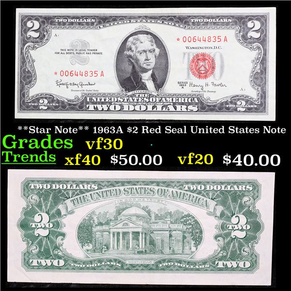 **Star Note** 1963A $2 Red Seal United States Note Grades vf++
