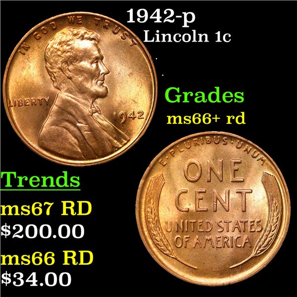 1942-p Lincoln Cent 1c Grades GEM++ RD