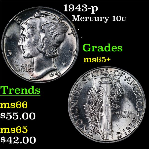 1943-p Mercury Dime 10c Grades GEM+ Unc