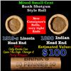 Mixed small cents 1c orig shotgun roll, 1919-s Wheat Cent, 1890 Indian Cent other end, Brinks Wrappe
