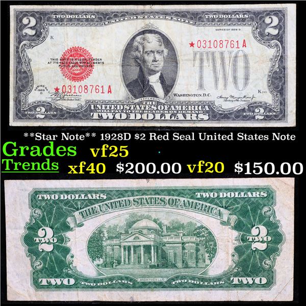 **Star Note** 1928D $2 Red Seal United States Note Grades vf+