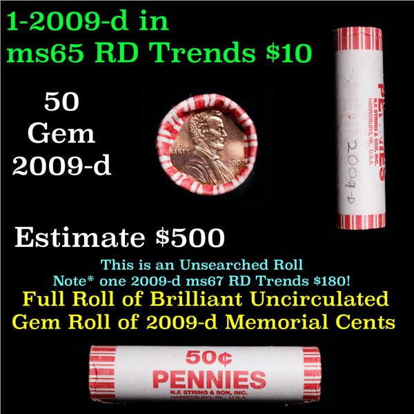 Shotgun Lincoln 1c roll, 2009-D 50 pcs Brandt Wrapper.