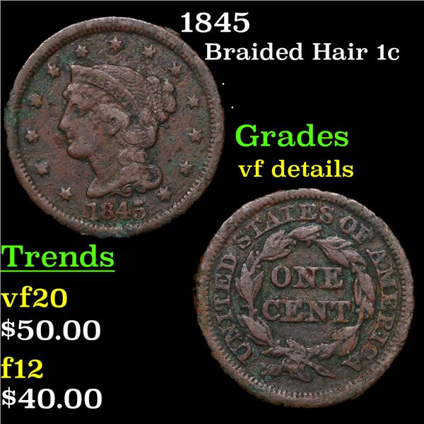 1845 Braided Hair Large Cent 1c Grades vf details