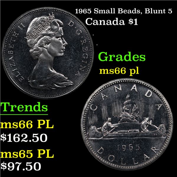 1965 Small Beads, Blunt 5 Canada Dollar $1 Grades GEM+ UNC PL