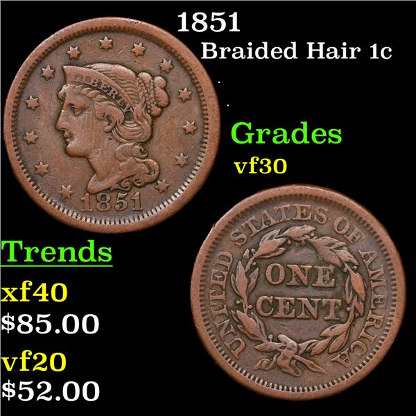 1851 Braided Hair Large Cent 1c Grades vf++