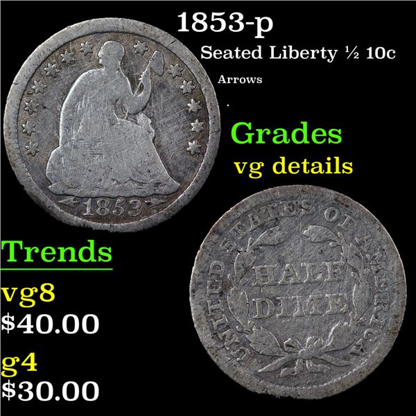 1853-p Seated Liberty Half Dime 1/2 10c Grades vg details