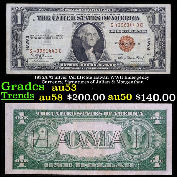 1935A $1 Silver Certificate Hawaii WWII Emergency Currency, Signatures of Julian & Morgenthau Grades