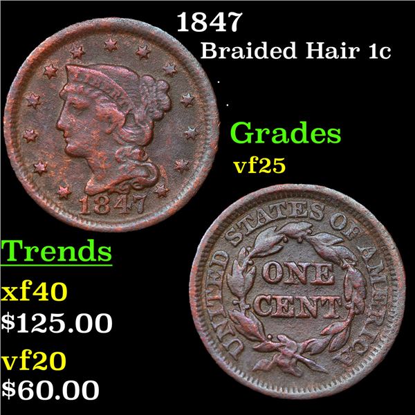 1847 Braided Hair Large Cent 1c Grades vf+