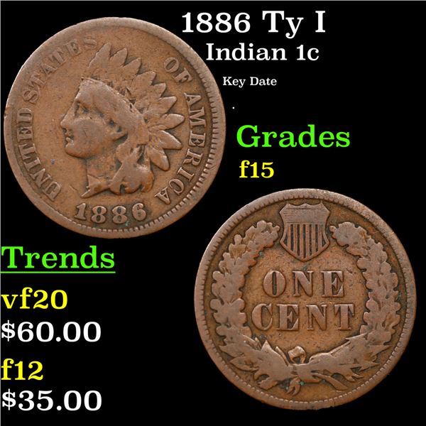 1886 Ty I Indian Cent 1c Grades f+