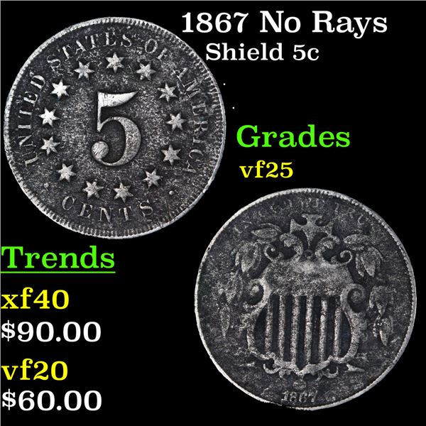 1867 No Rays Shield Nickel 5c Grades vf+