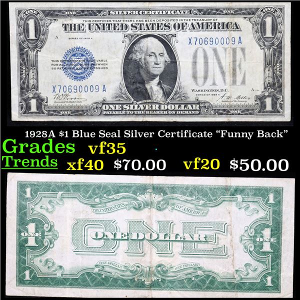 1928A $1 Blue Seal Silver Certificate "Funny Back" Grades vf++