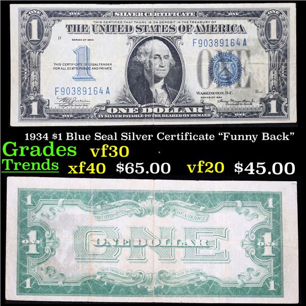1934 $1 Blue Seal Silver Certificate "Funny Back" Grades vf++
