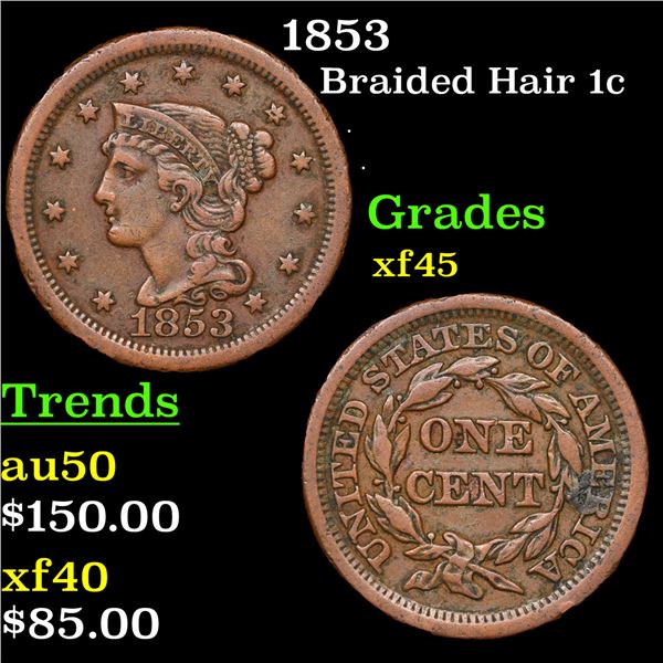 1853 Braided Hair Large Cent 1c Grades xf+