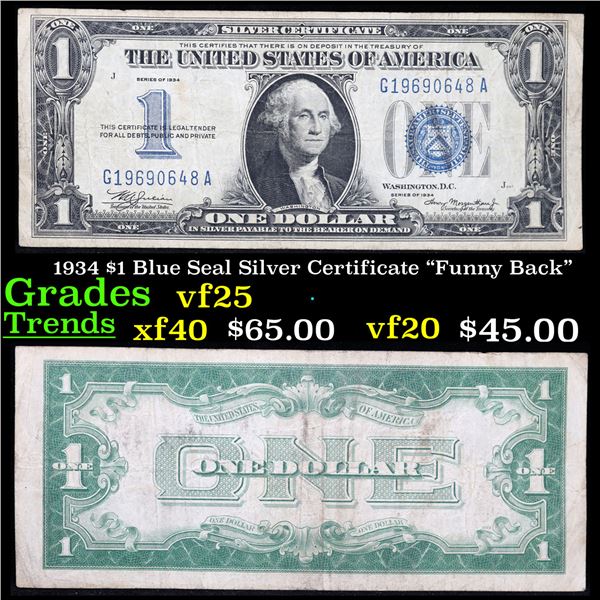 1934 $1 Blue Seal Silver Certificate "Funny Back" Grades vf+