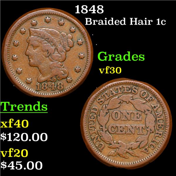 1848 Braided Hair Large Cent 1c Grades vf++