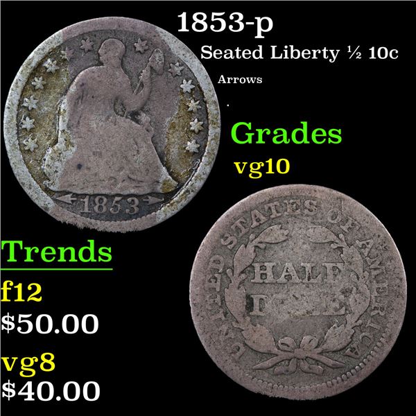 1853-p Seated Liberty Half Dime 1/2 10c Grades vg+