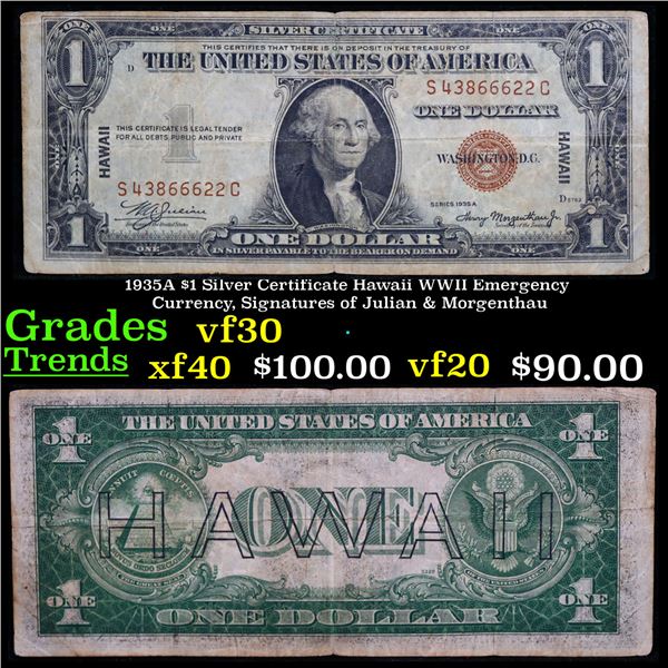1935A $1 Silver Certificate Hawaii WWII Emergency Currency, Signatures of Julian & Morgenthau Grades