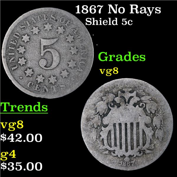1867 No Rays Shield Nickel 5c Grades vg, very good
