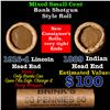 Mixed small cents 1c orig shotgun roll, 1916-d Wheat Cent, 1889 Indian Cent other end, Brinks Wrappe