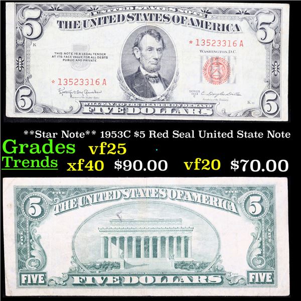 **Star Note** 1953C $5 Red Seal United State Note Grades vf+