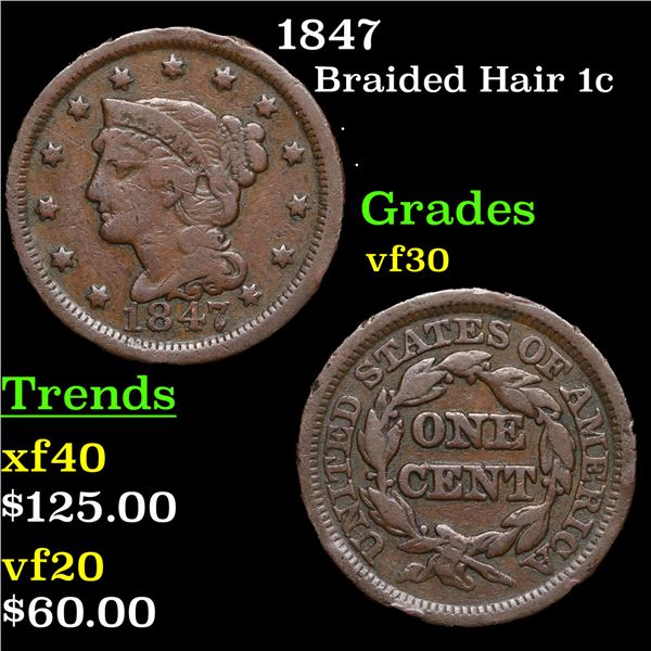 1847 Braided Hair Large Cent 1c Grades vf++