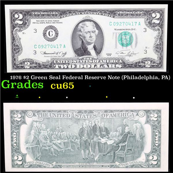 1976 $2 Green Seal Federal Reserve Note (Philadelphia, PA) Grades Gem CU