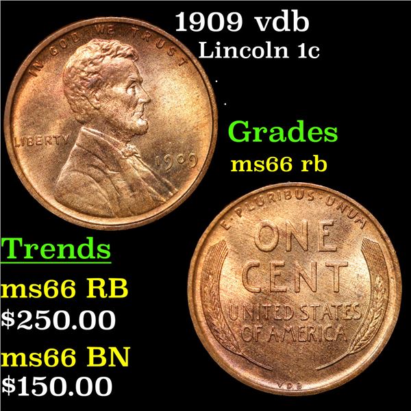 1909 vdb Lincoln Cent 1c Grades GEM+ Unc RB