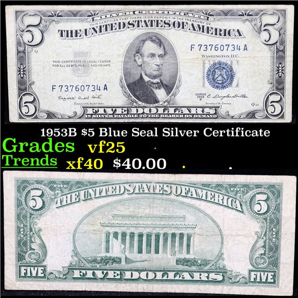 1953B $5 Blue Seal Silver Certificate Grades vf+