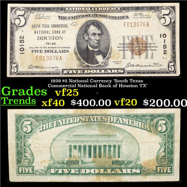 1929 $5 National Currency 'South Texas Commercial National Bank of Houston TX' Grades vf+