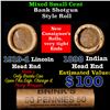Mixed small cents 1c orig shotgun roll, 1919-d Wheat Cent, 1898 Indian Cent other end, Brinks Wrappe