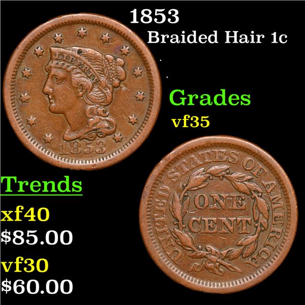 1853 Braided Hair Large Cent 1c Grades vf++
