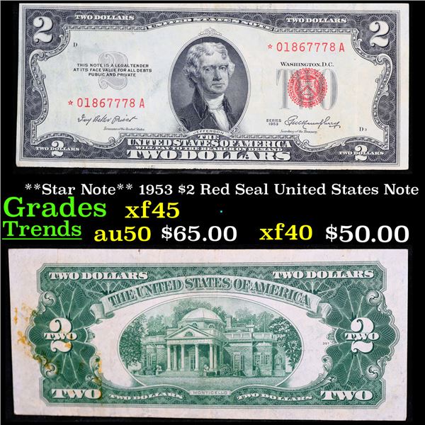 **Star Note** 1953 $2 Red Seal United States Note Grades xf+