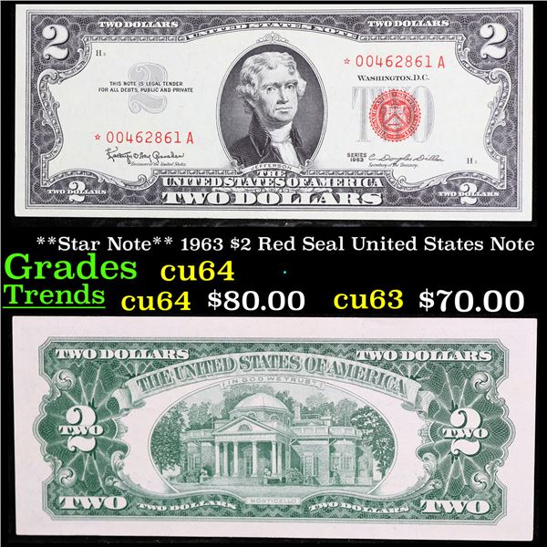 **Star Note** 1963 $2 Red Seal United States Note Grades Choice CU
