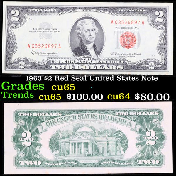1963 $2 Red Seal United States Note Grades Gem CU