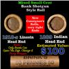 Image 1 : Mixed small cents 1c orig shotgun roll, 1918-s Wheat Cent, 1889 Indian Cent other end, Brinks Wrappe