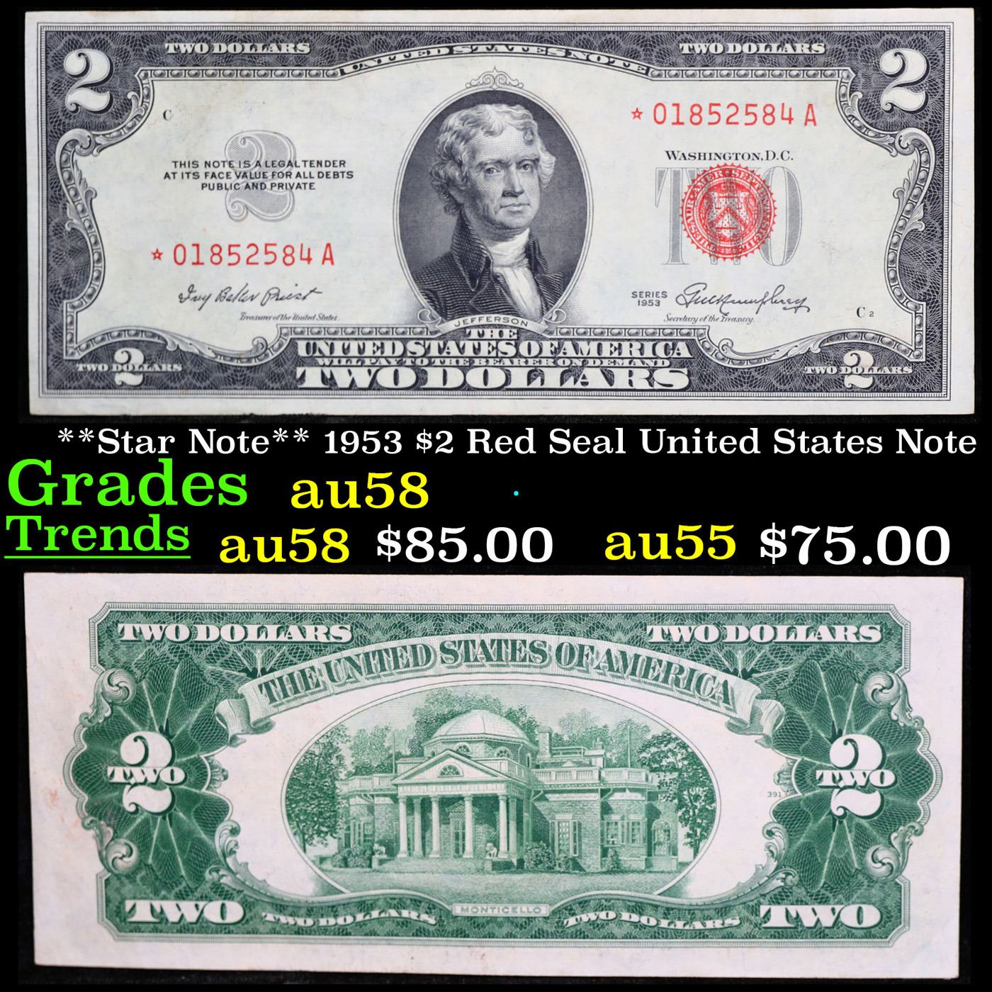 **Star Note** 1953 $2 Red Seal United States Note Grades Choice AU/BU ...