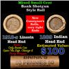 Image 1 : Mixed small cents 1c orig shotgun roll, 1918-s Wheat Cent, 1889 Indian Cent other end, Brinks Wrappe