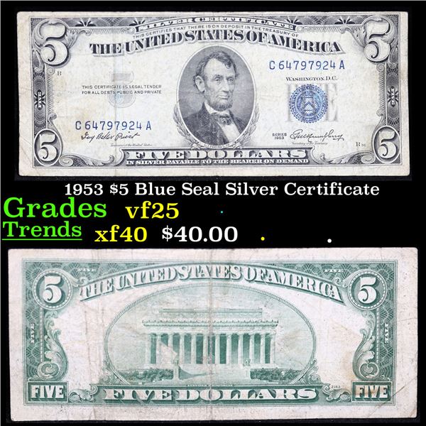 1953 $5 Blue Seal Silver Certificate Grades vf+