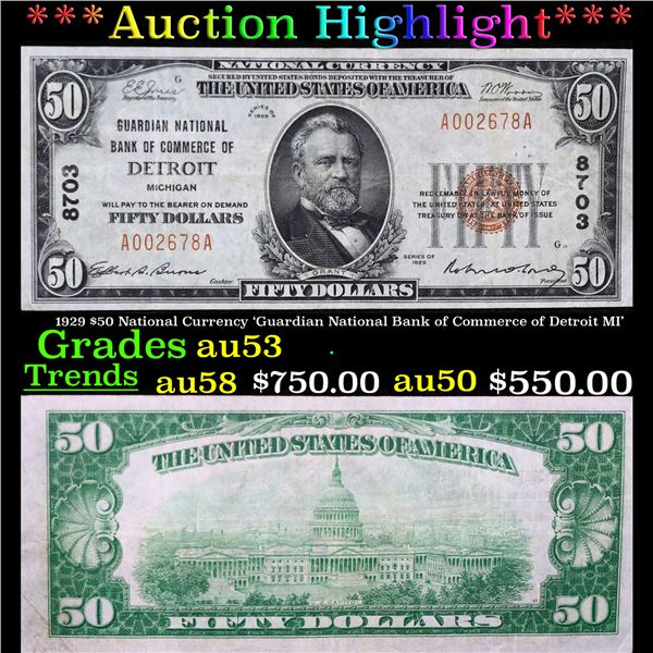 ***Auction Highlight*** 1929 $50 National Currency 'Guardian National Bank of Commerce of Detroit MI