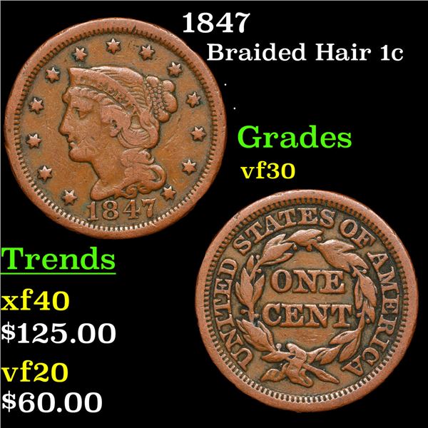 1847 Braided Hair Large Cent 1c Grades vf++