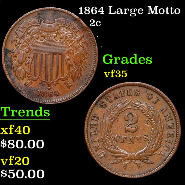 1864 Large Motto Two Cent Piece 2c Grades vf++
