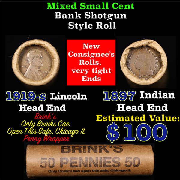 Mixed small cents 1c orig shotgun roll, 1919-s Wheat Cent, 1897 Indian Cent other end, Brinks Wrappe