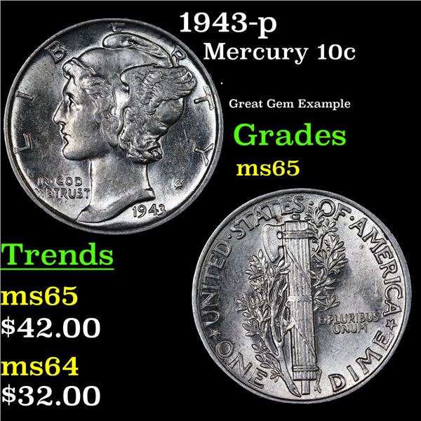 1943-p Mercury Dime 10c Grades GEM Unc