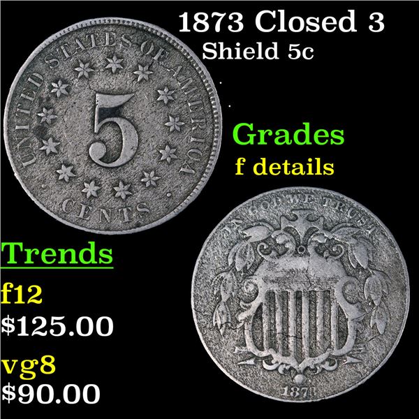 1873 Closed 3 Shield Nickel 5c Grades f details