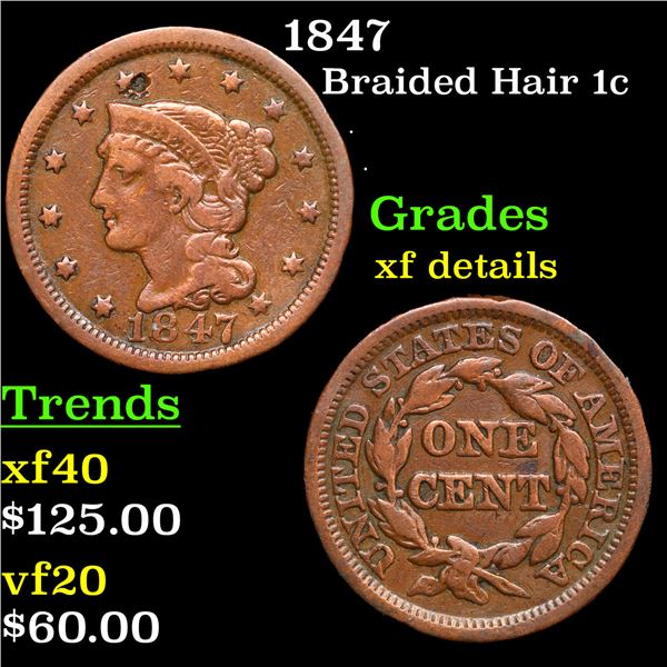 1847 Braided Hair Large Cent 1c Grades xf details