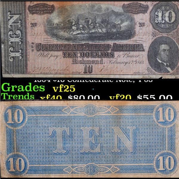 1864 $10 Confederate Note, T-68 Grades vf+
