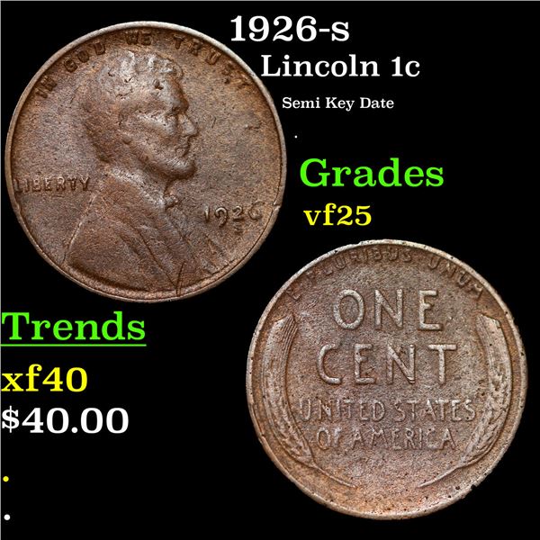 1926-s Lincoln Cent 1c Grades vf+