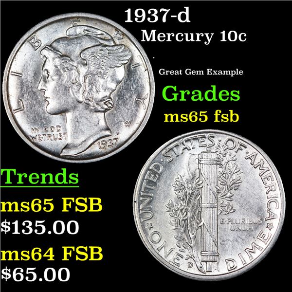 1937-d Mercury Dime 10c Grades GEM FSB
