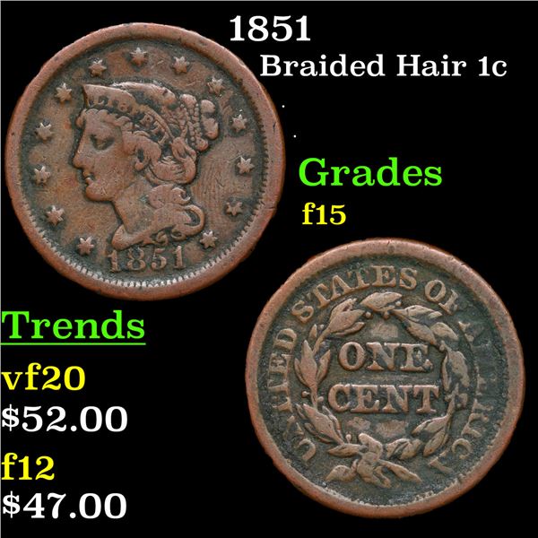 1851 Braided Hair Large Cent 1c Grades f+